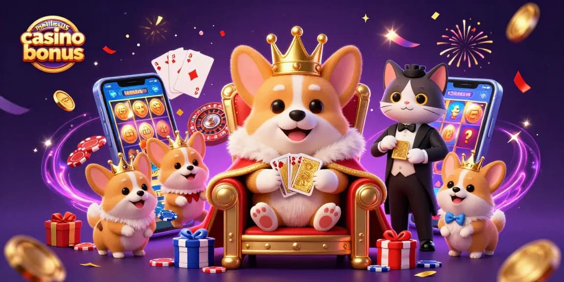 Gagnez avec les meilleurs casino bonus : illustration animée de corgi royal sur trône de jetons