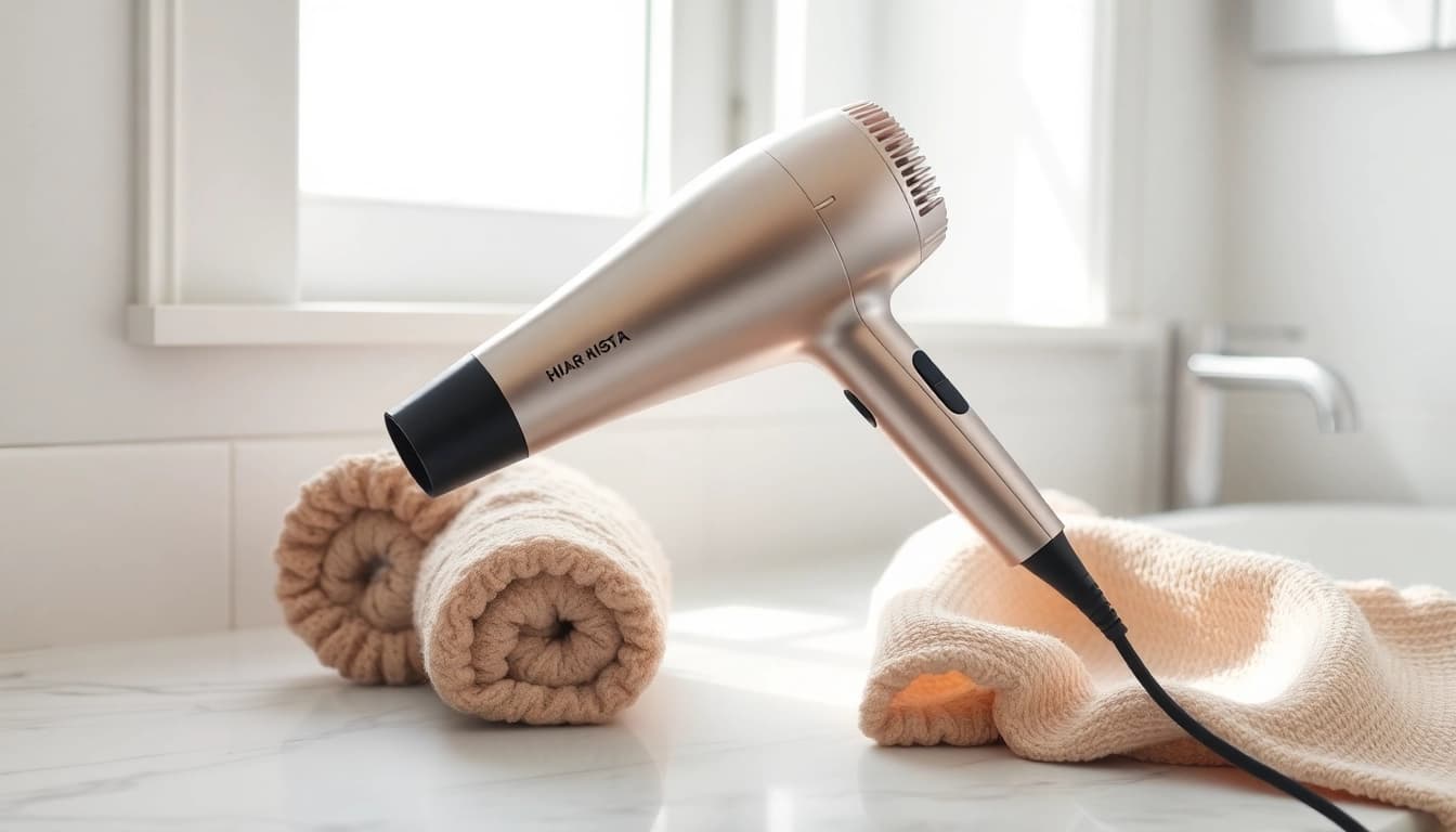 Hair dryer for frizzy hair showcases sleek design and cozy setting for perfect styling.