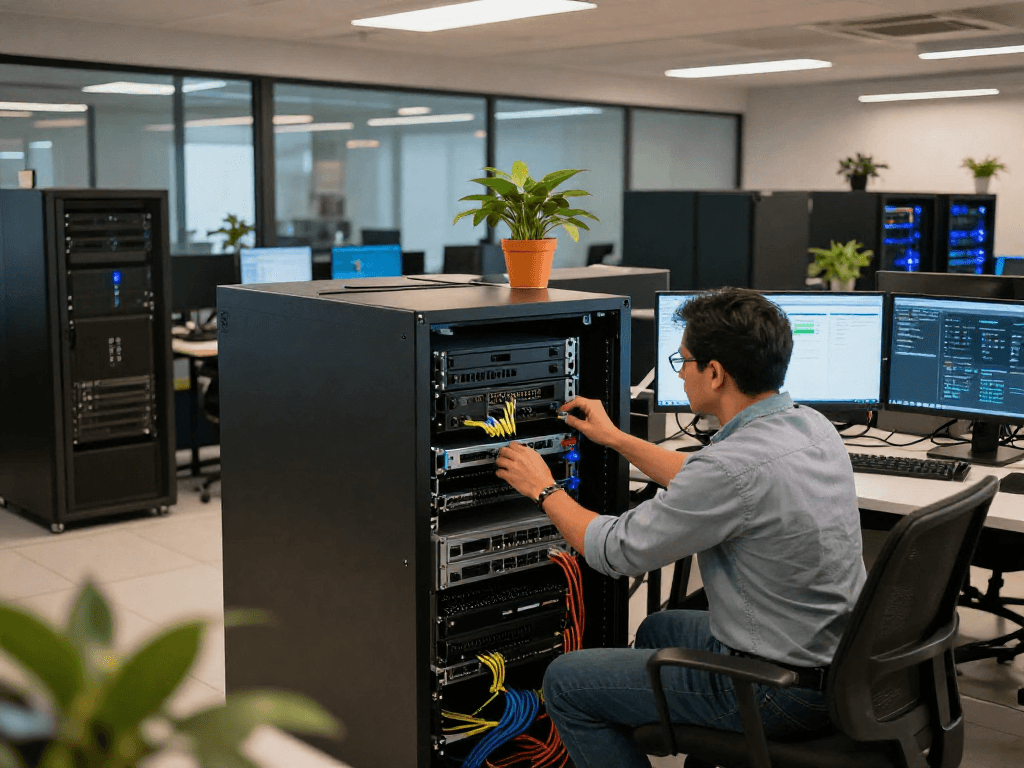 Efficient tech workspace featuring dedicated servers en Mexico being configured by an IT technician, showcasing modern technology.