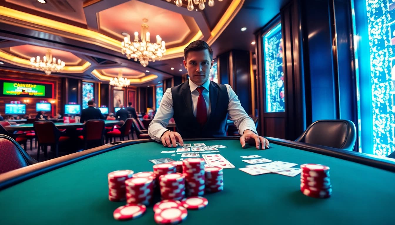 Bermain poker di kasino interwin official dengan dealer berdiri di belakang meja.