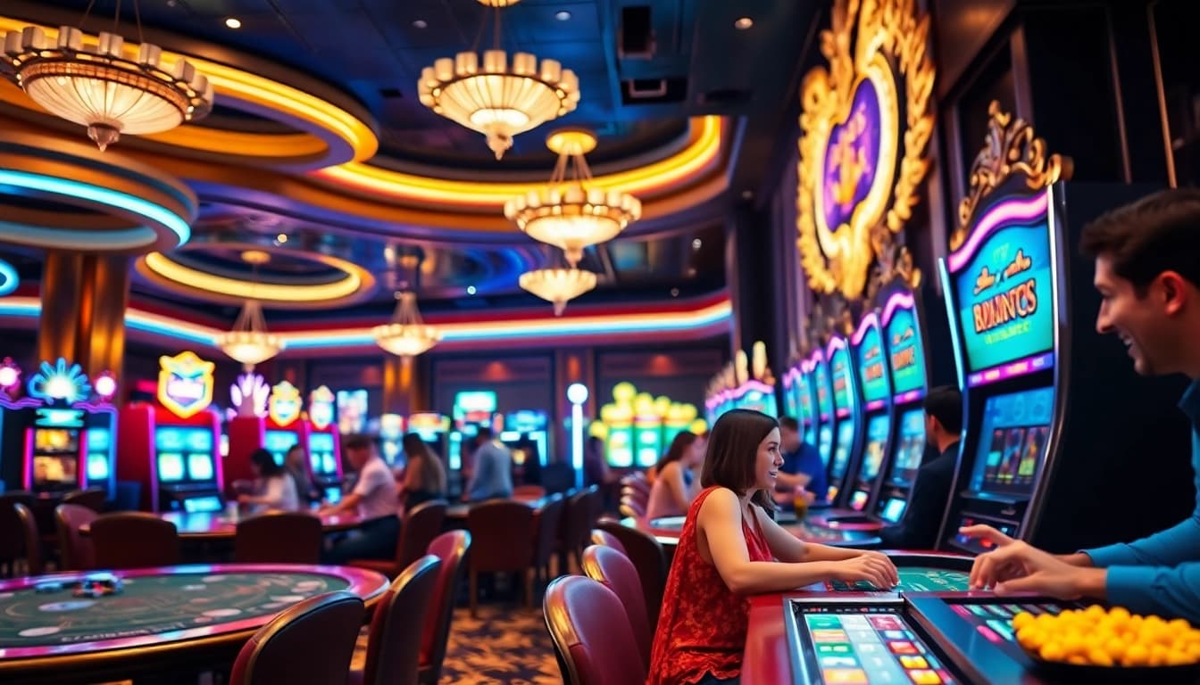 Playing at a lively non gamstop Casino Uk surrounded by exciting games and vibrant atmosphere.
