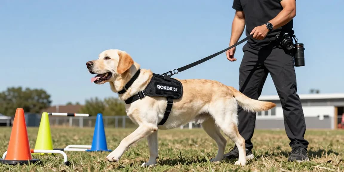 Training scene with ROKOK88 tactical gear showcasing a focused Labrador during obedience training