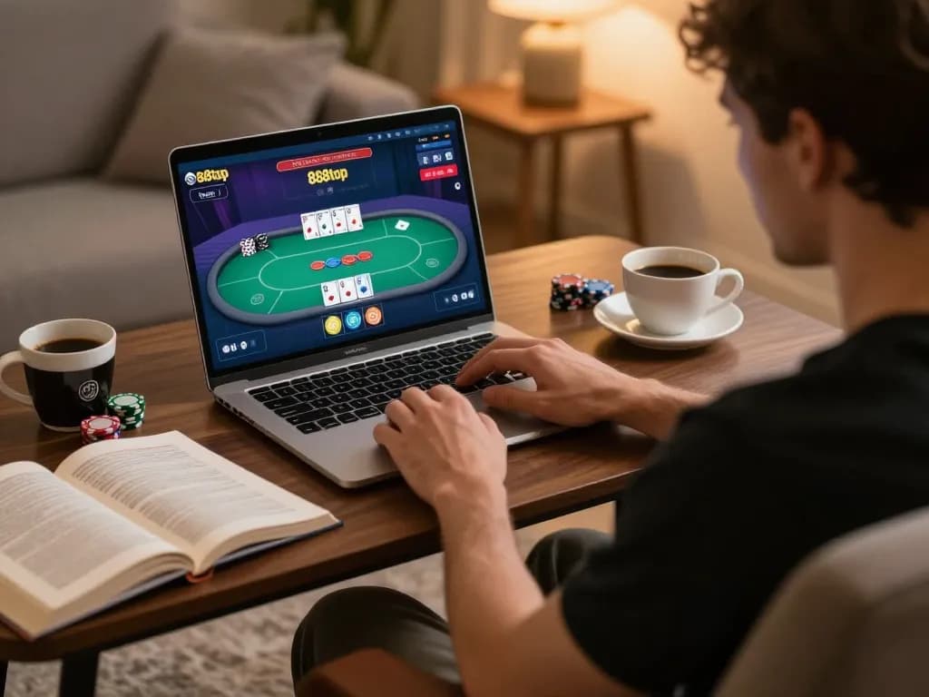 Player engaging in an exciting online poker game on 888top from a cozy home setting