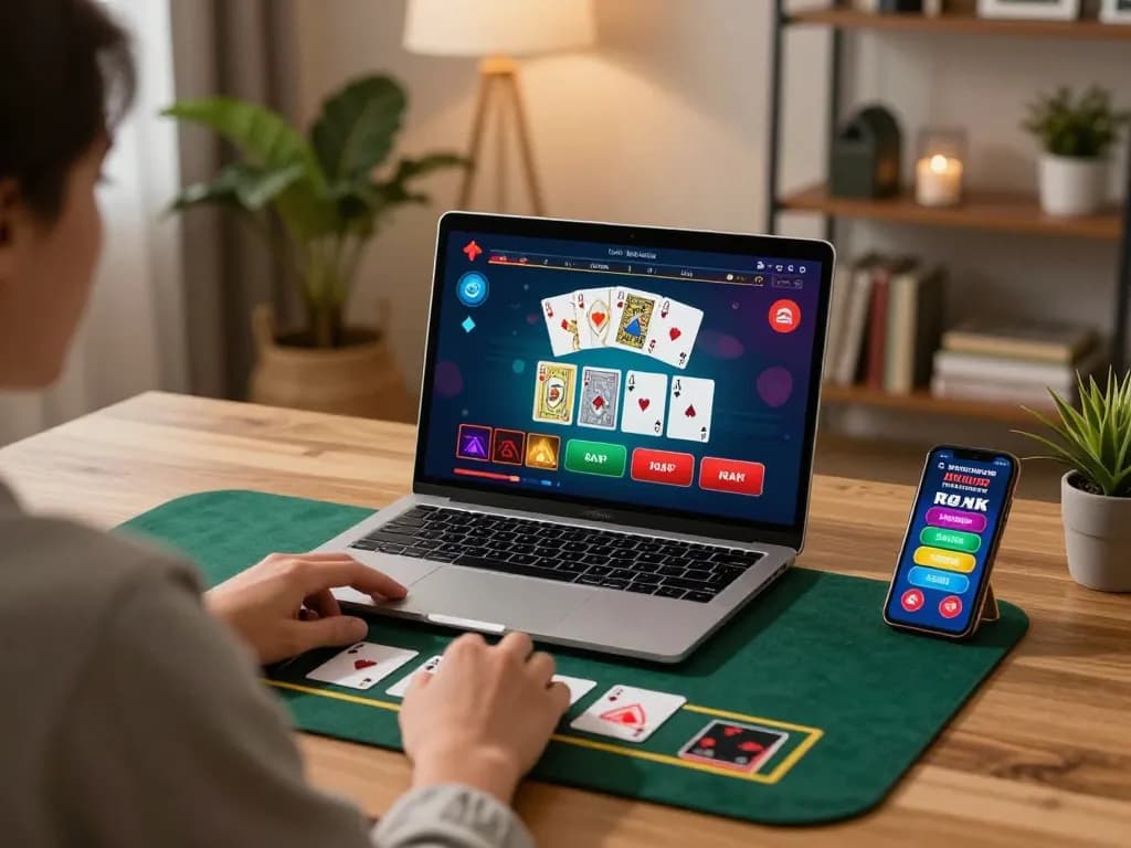 Person enjoying nhacaiuytin's online blackjack game on laptop, promoting responsible gaming