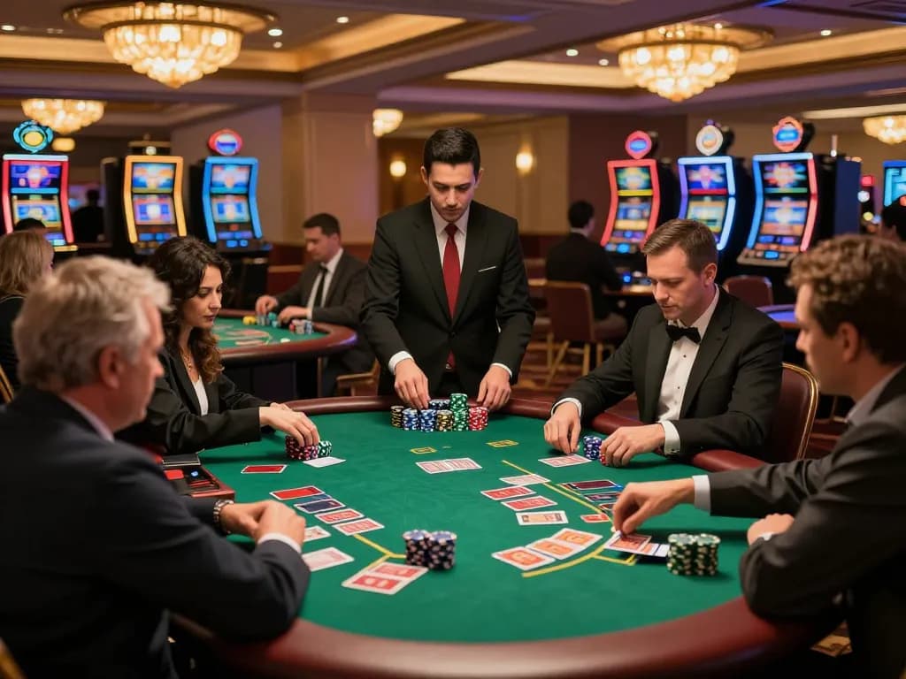 Players engaging at DU88 blackjack tables in a luxurious casino, showcasing intense gameplay and strategic moments.