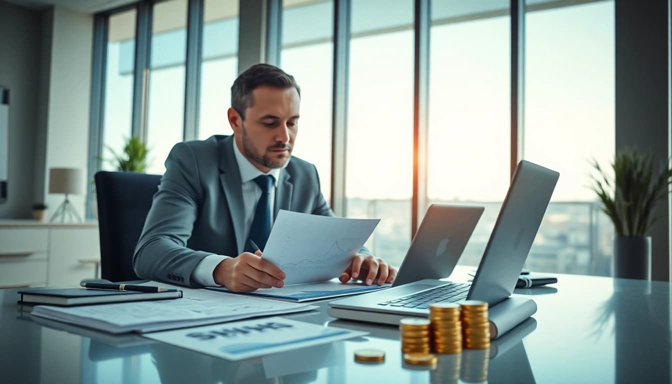 Professional Superfund accountant analyzing SMSF financial statements in a modern office setting.