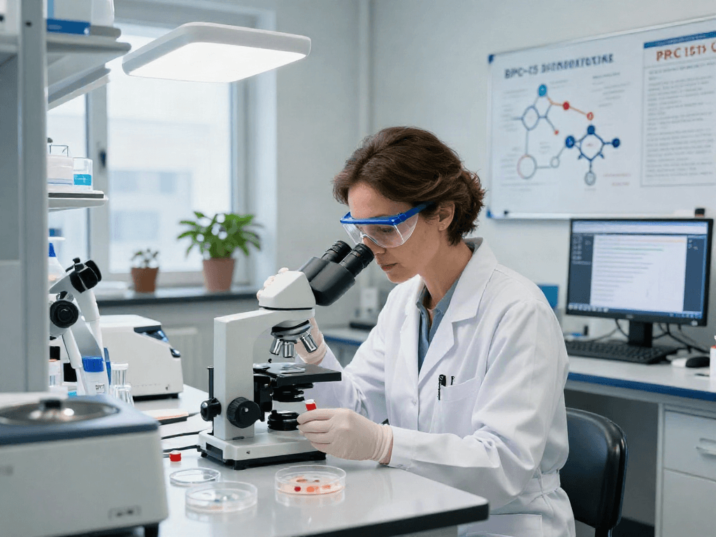 BPC-157 research supplier featuring a scientist examining peptides in a modern laboratory.