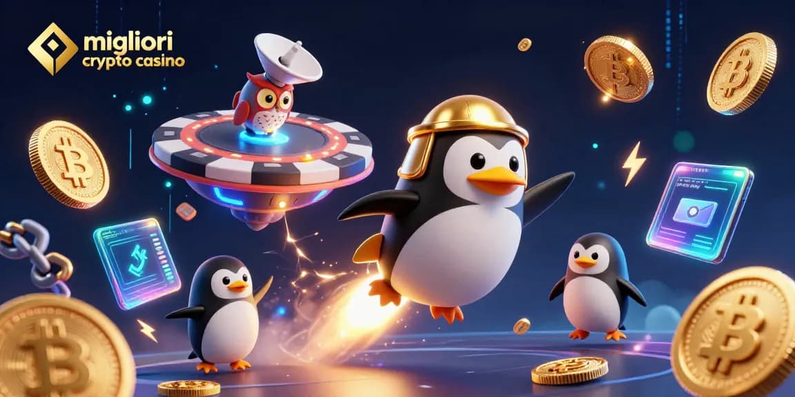 Gioca nei migliori crypto casino con il pinguino dorato che vola verso una stazione spaziale a forma di poker chip.