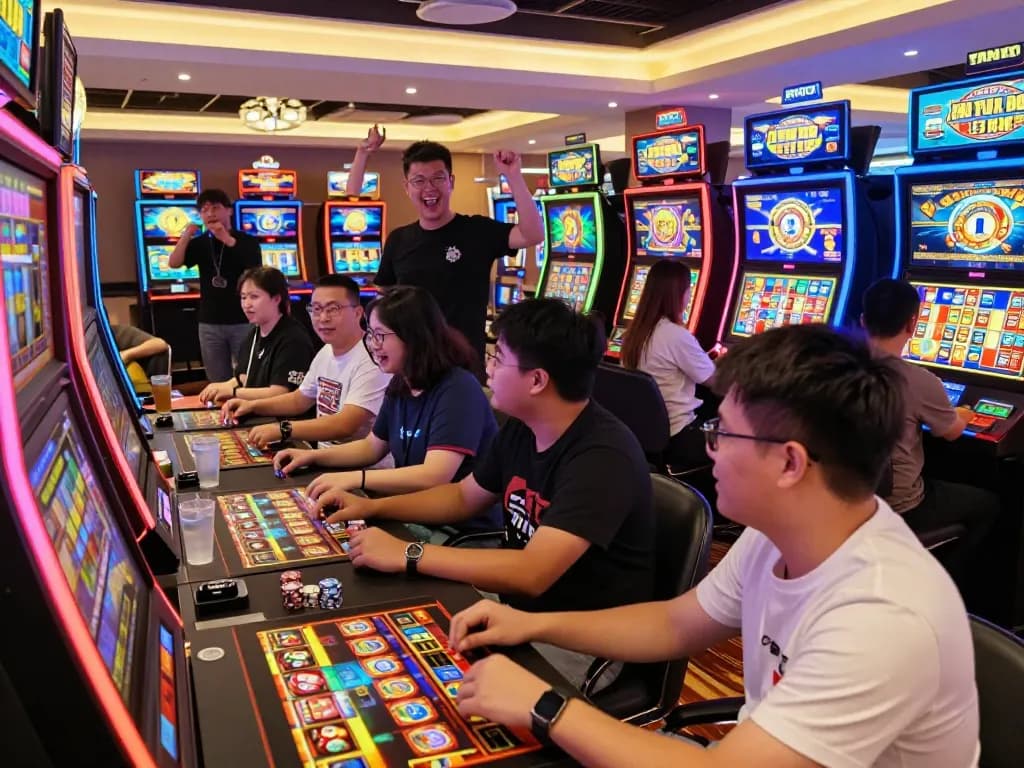 Pemain menikmati keseruan slot online di laoban188, menampilkan suasana permainan yang hidup dengan mesin berwarna-warni dan interaksi yang meriah.
