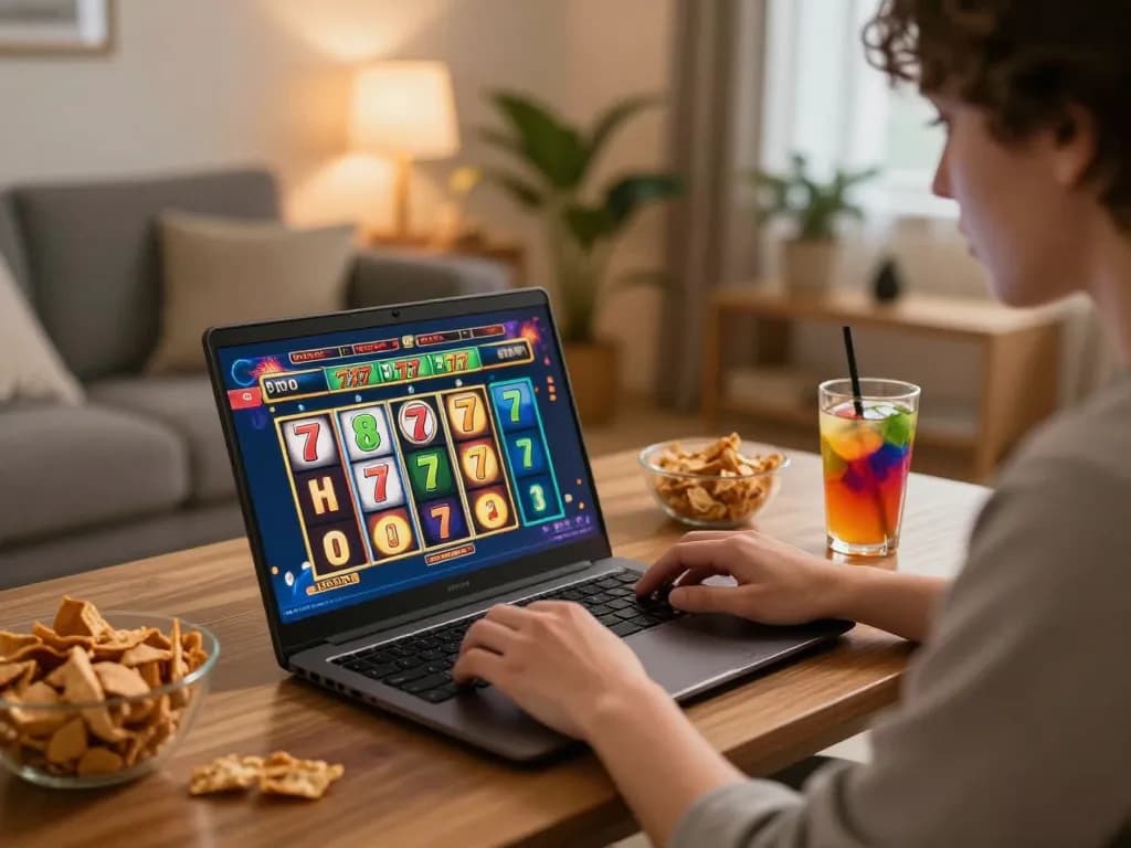 Engaged player enjoying slot777 games on laptop in cozy home setup with snacks and drinks.