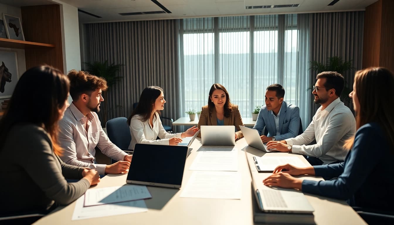 Collaborative entrepreneurs discussing how to register company in USA in a modern office.