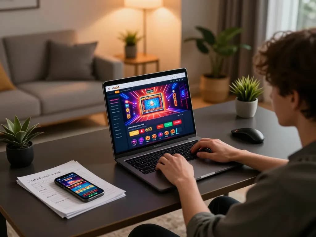 Engaging in online gaming at LC88 with vibrant graphics on laptop showcasing casino action.