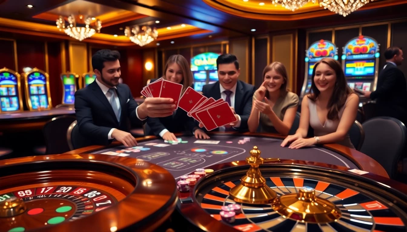 Un moment captivant au meilleur casino en ligne, mettant en avant des jetons de poker, une roue de la roulette et des joueurs plongés dans l'excitation.