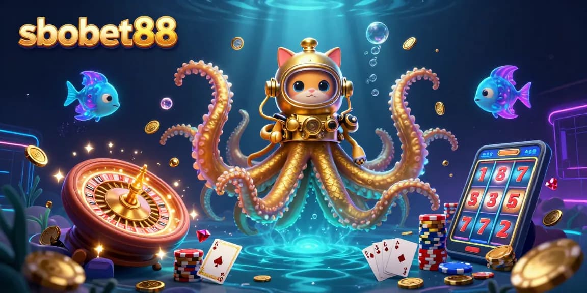 Experience sbobet88 magic with a diving cat and kraken amid sparkling casino treasures.
