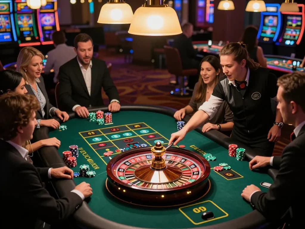 Players engaging in a thrilling roulette game, strategizing their bets at winstrike69 in a lively casino atmosphere.