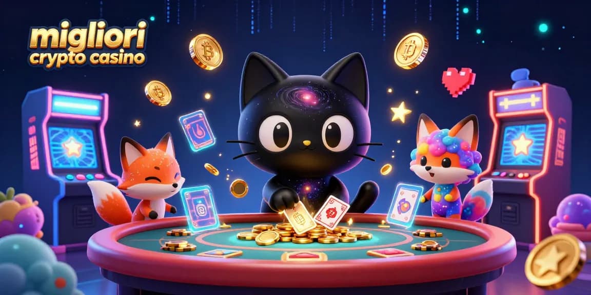 Migliori crypto casino: illustrazione 3D di un gatto nero galattico in un tavolo da gioco, circondato da elementi di gioco e criptovalute.