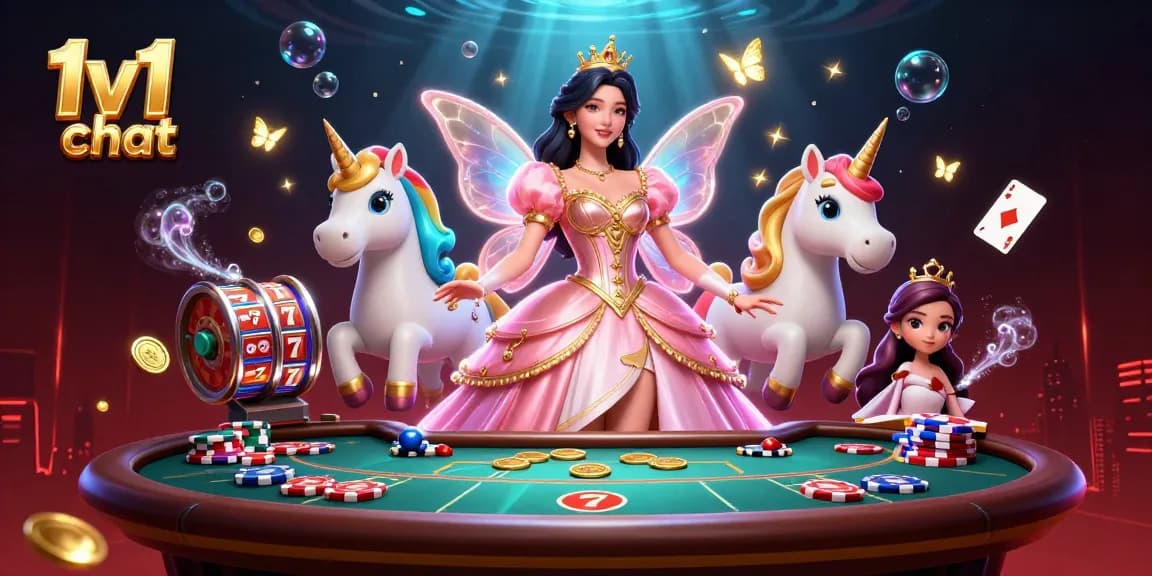 Join an exciting 1v1 chat at the casino with vibrant characters, glowing elements, and dynamic gaming action.