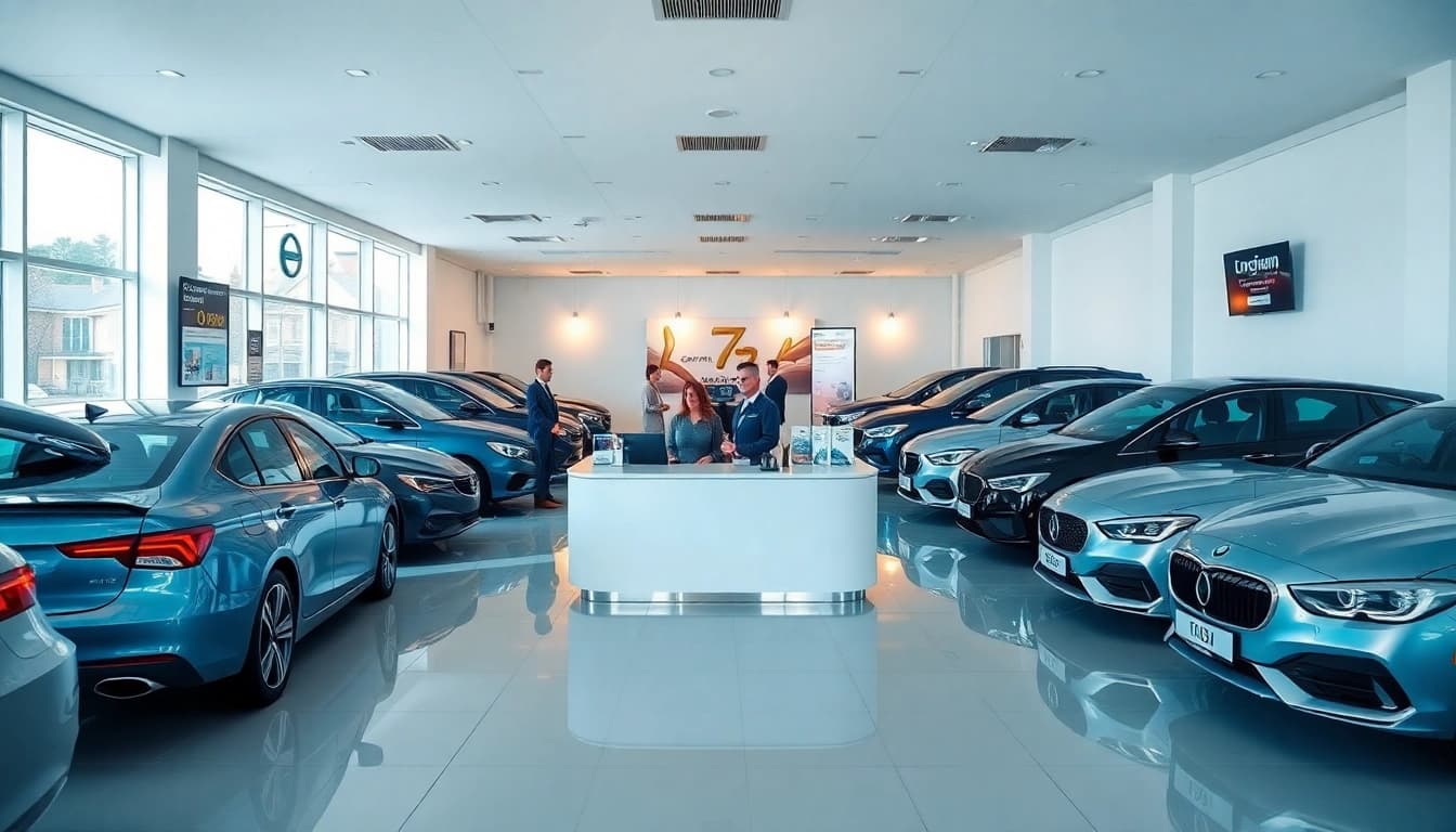 Chirie auto services at a modern rental office in Chisinau, showcasing friendly staff and a selection of vehicles.