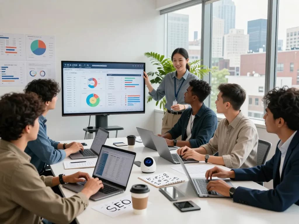 Team collaborating in NYC SEO Company office, showcasing SEO strategies and data analysis.