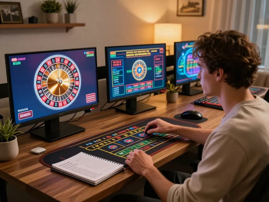 PUB88 user engaged in thrilling online betting at their home setup with multiple screens showing casino games.