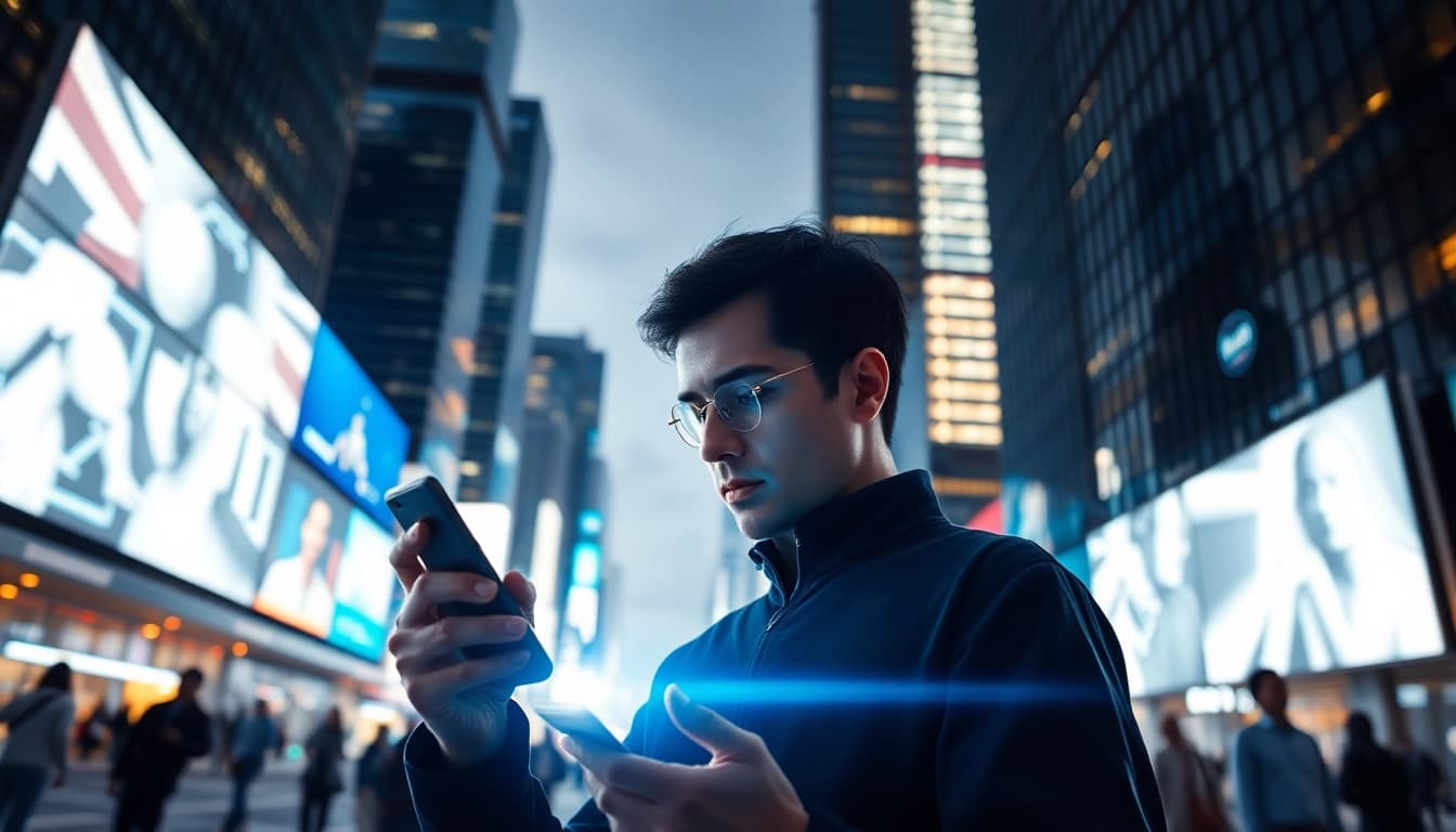 Explore technology's influence with https://mohamedmmblog.tech, showcasing a modern user in a vibrant urban setting.