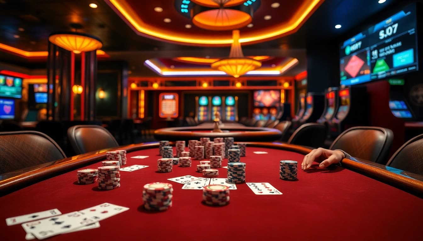 Exciting poker game at Gori77’s online casino with chips and cards showcasing action.