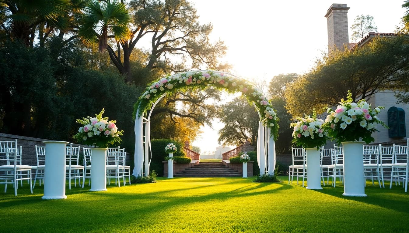 Ceremony setup at Jacksonville Wedding Venue featuring floral arch and lush greenery.
