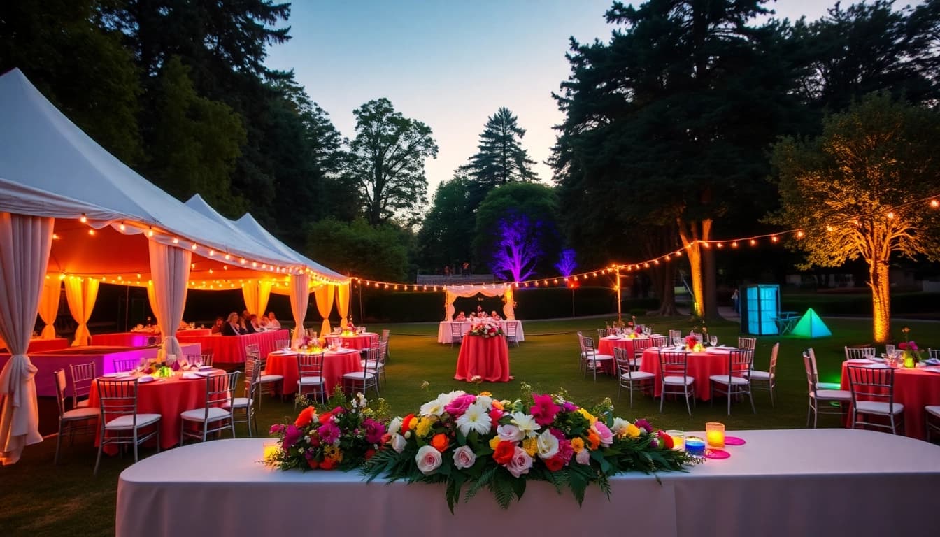 Elegant outdoor event rentals setup with beautifully arranged table and tents.