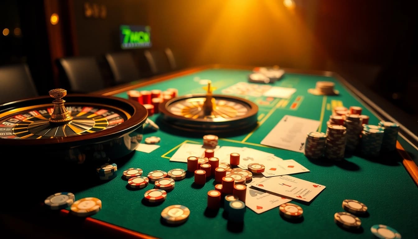 Experience thrilling gambling action with 7mcn as poker chips and cards surround a luxurious casino table.