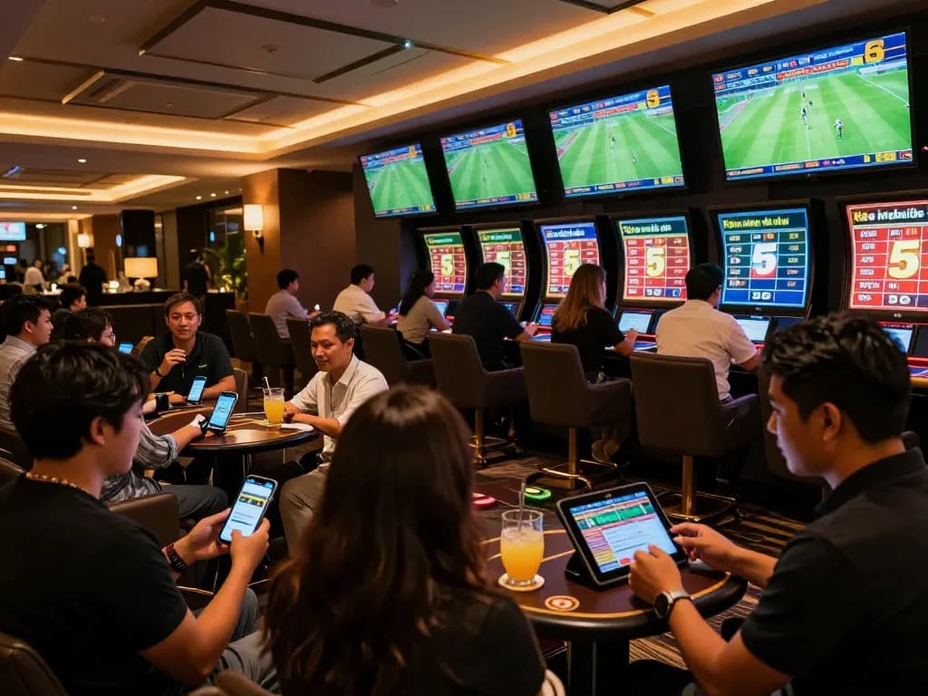 Kèo nhà cái 5 sports betting scene with patrons engaged and checking odds in a vibrant casino environment.
