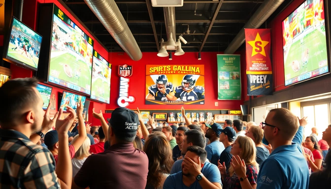 Fans engaging in sports betting South Carolina at a lively bar with vibrant atmosphere.