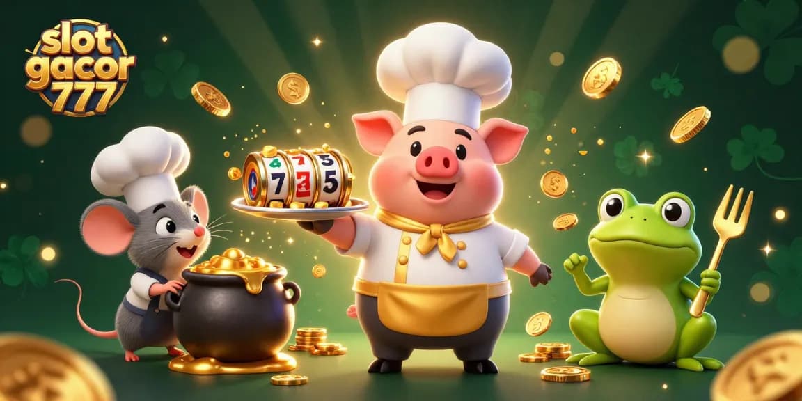 Slot gacor 777 menunjukkan ilustrasi kasino dengan karakter 3D mengelilingi simbol slot dan koin emas.