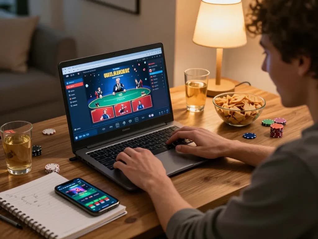Player engaging in kp88 online poker game with strategy notes and snacks nearby.