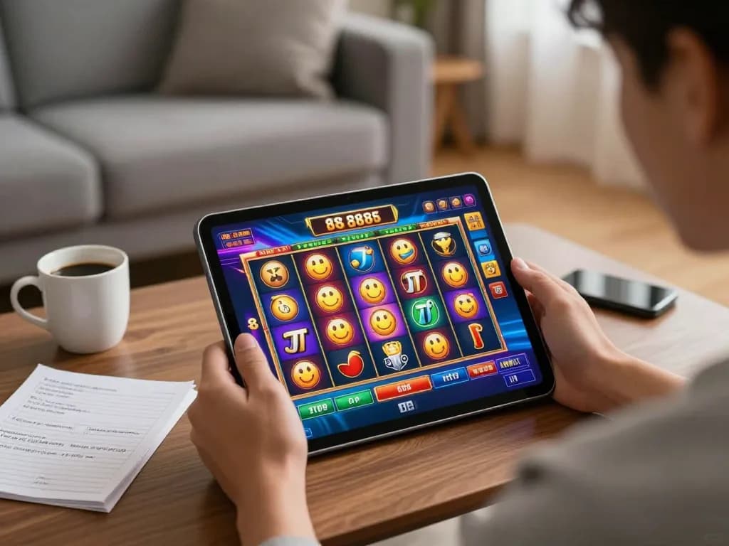 Engaging slot88 gaming session on a tablet in a comfortable living room.