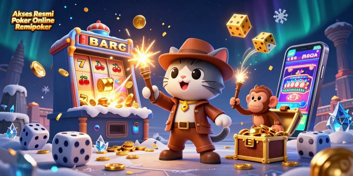 Akses Resmi Poker Online Remipoker showcases a vibrant illustration of a cartoon explorer cat in a treasure-filled casino temple.