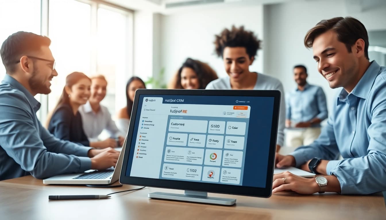 Collaborative team using HubSpot CRM Free software in a bright office space.