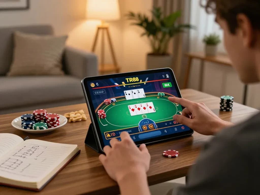 Player enjoying TR88 gaming app on tablet in a cozy living room, highlighting online gambling experience.
