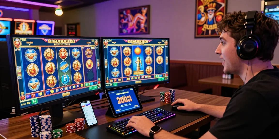 Player enjoying garuda303 slot game on dual monitors in lively online casino