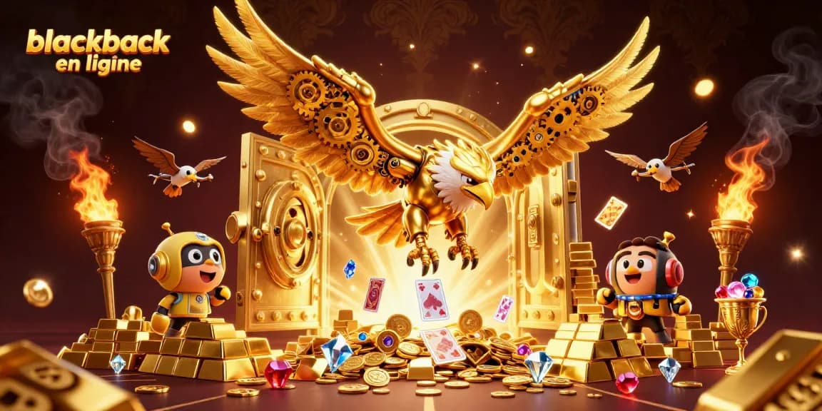 Jouez au blackjack en ligne avec une illustration animée de jeux de cartes et un aigle robotique doré.