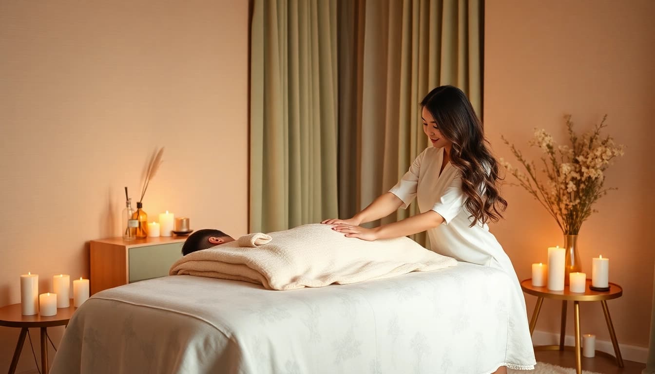 출장 마사지 in a serene home environment with a professional therapist.
