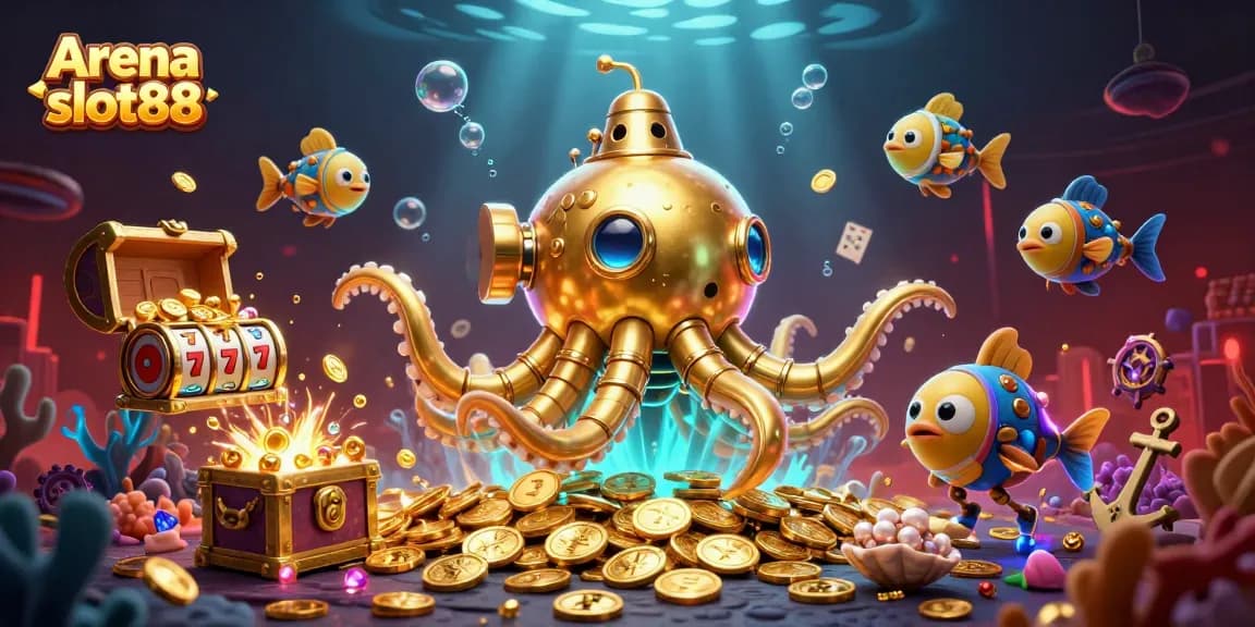 Menampilkan Arena slot88, ilustrasi 3D dengan monster kraken, uang emas, dan elemen kasino.