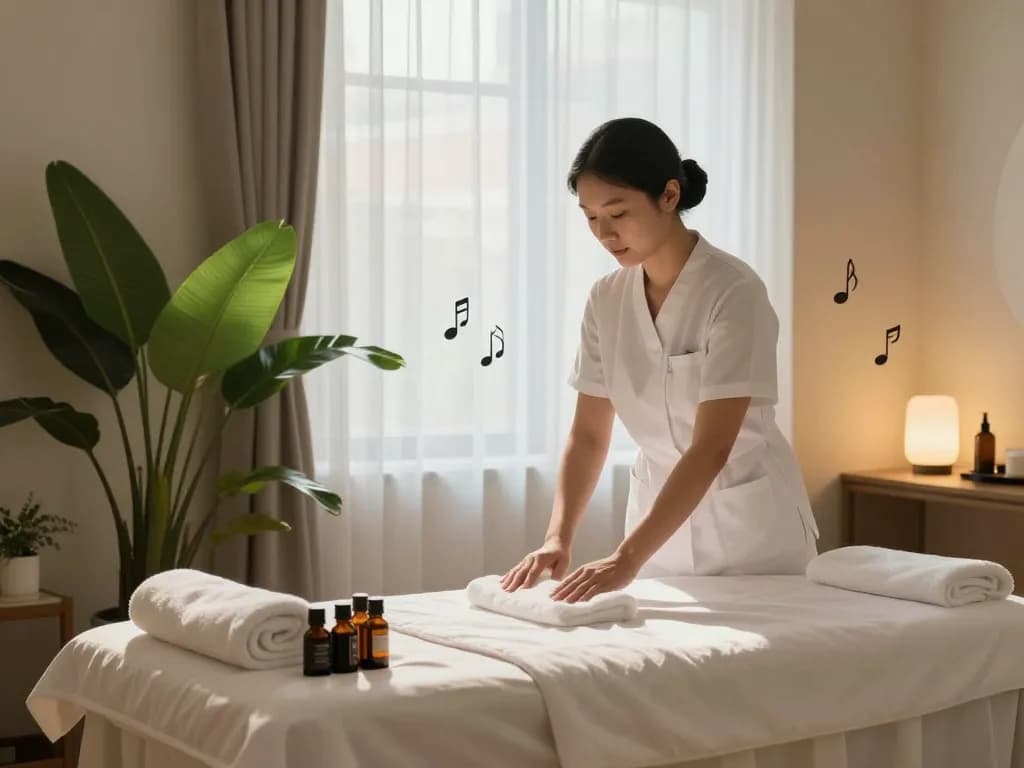 신사동마사지 therapy room with ambient lighting and essential oils, promoting relaxation in a wellness spa