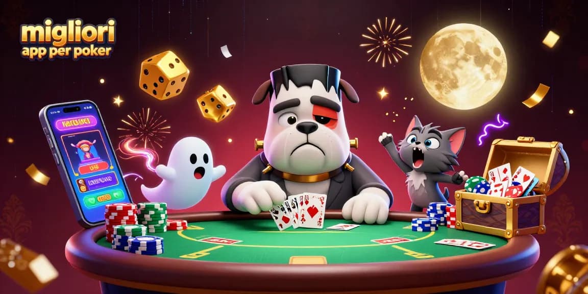 Migliori app per poker: un bulldog mostruoso distribuisce carte in un tavolo di poker