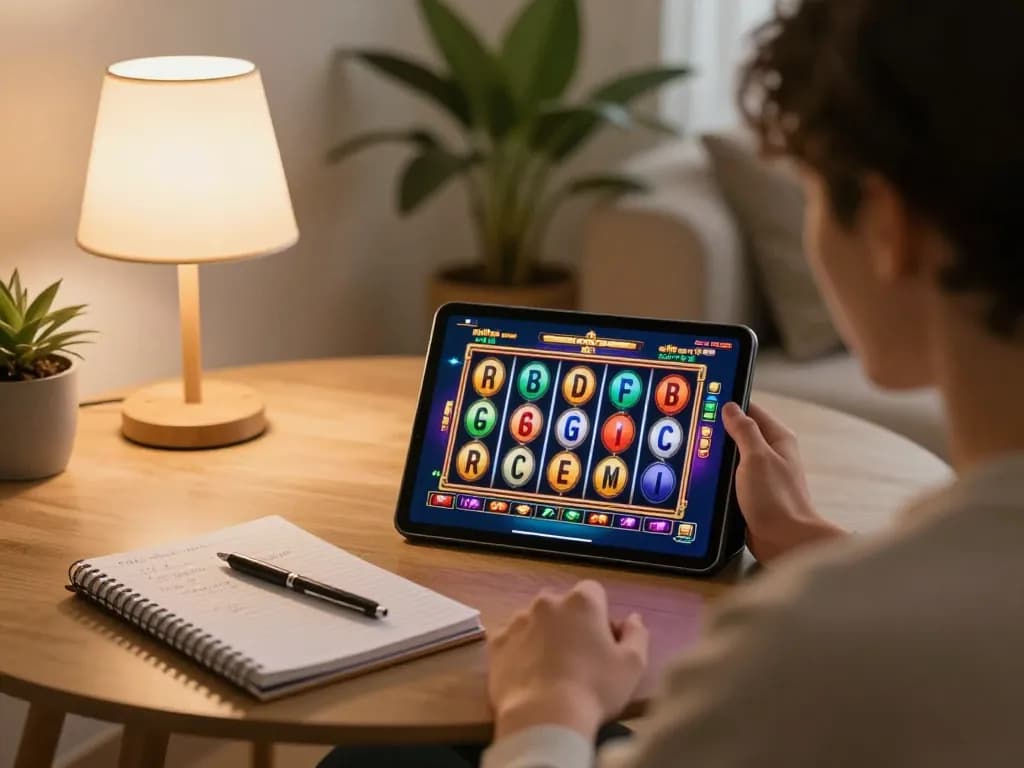 Engaging in a slot bet 50 on a tablet at home, showcasing vibrant game interface.