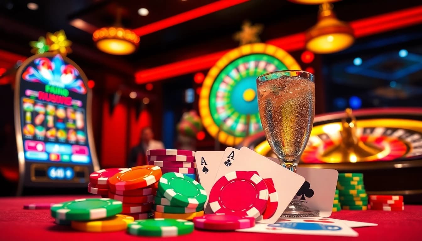 Highlight no deposit bonuses with vibrant casino chips and cards in a lively gaming scene.