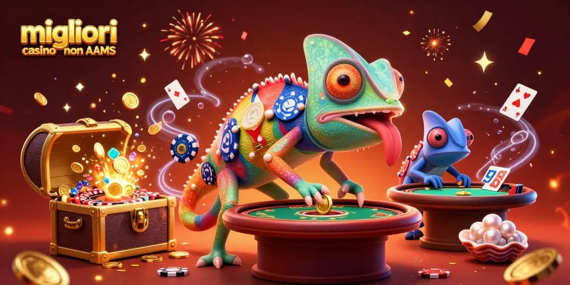 I migliori casino non AAMS offrono emozioni uniche con un camaleonte che attira monete d'oro e giochi entusiastici.