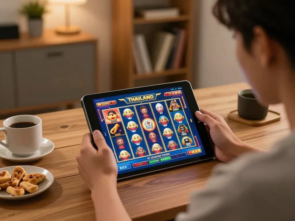 Engaging in a thailand slot game on a tablet at home, showcasing a relaxed gaming environment.