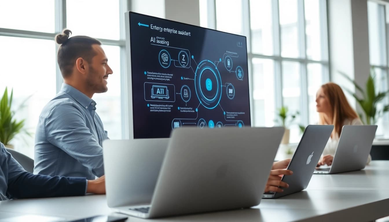 Engaging enterprise assistant demonstrating digital functionalities in a vibrant office space.