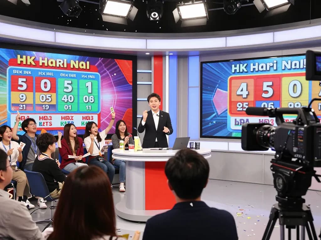 Exciting moment of HK Hari Ini lottery drawing with host announcing winning numbers.