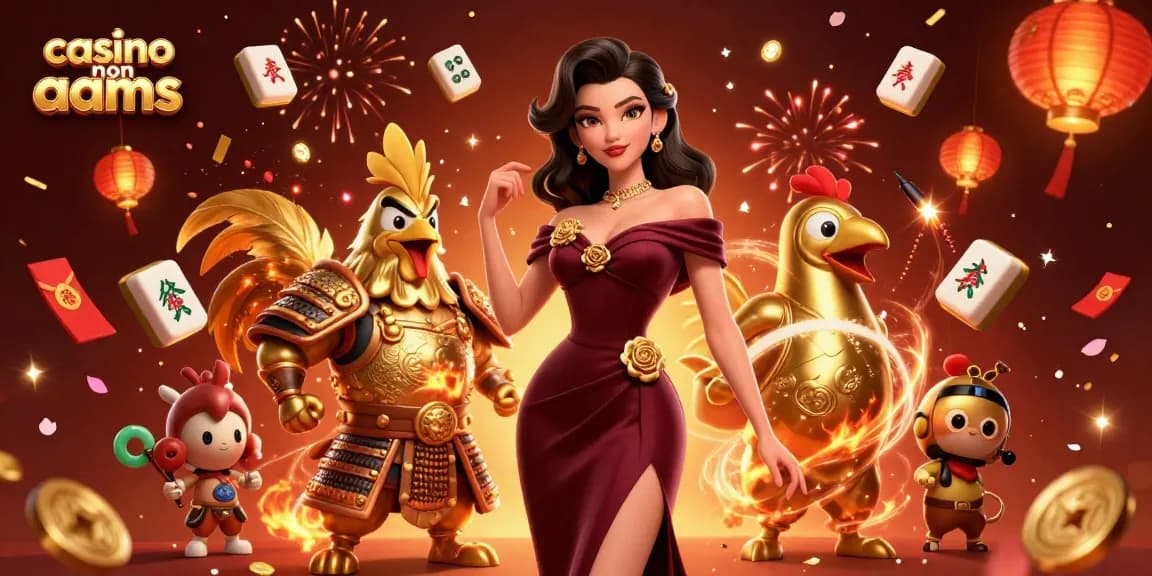 Scena coinvolgente che mostra i brividi dei casino non aams con una donna glamour e un guerriero tra elementi festivi.
